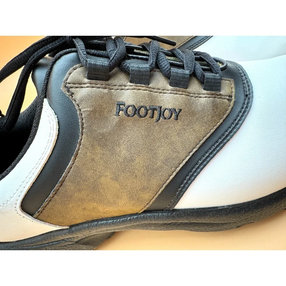 FootJoy GreenJoys Men's 10.5W White Brown Black Leather Lace-Up Golf Shoes Cleat - Picture 8 of 14